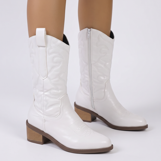Women's Western Cowboy Winter Boots Embroidered Mid Calf Block Heel