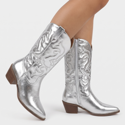 Women's Western Cowboy Winter Boots Embroidered Mid Calf Block Heel