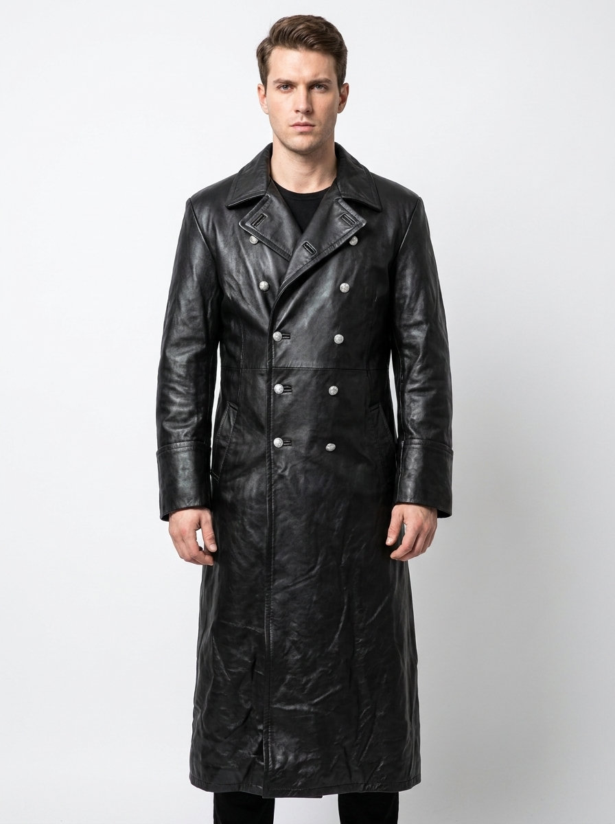 Men's Faux Leather Trench Winter Coat Double-Breasted Full-Length Overcoat