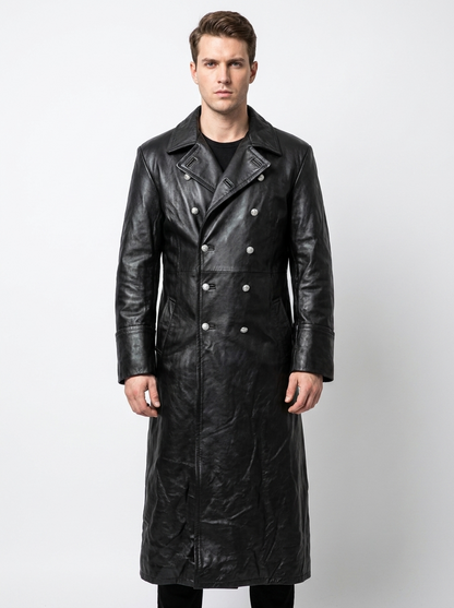 Men's Faux Leather Trench Winter Coat Double-Breasted Full-Length Overcoat