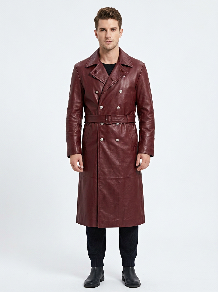 Men's Faux Leather Trench Winter Coat Double-Breasted Full-Length Overcoat