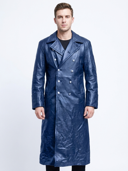 Men's Faux Leather Trench Winter Coat Double-Breasted Full-Length Overcoat