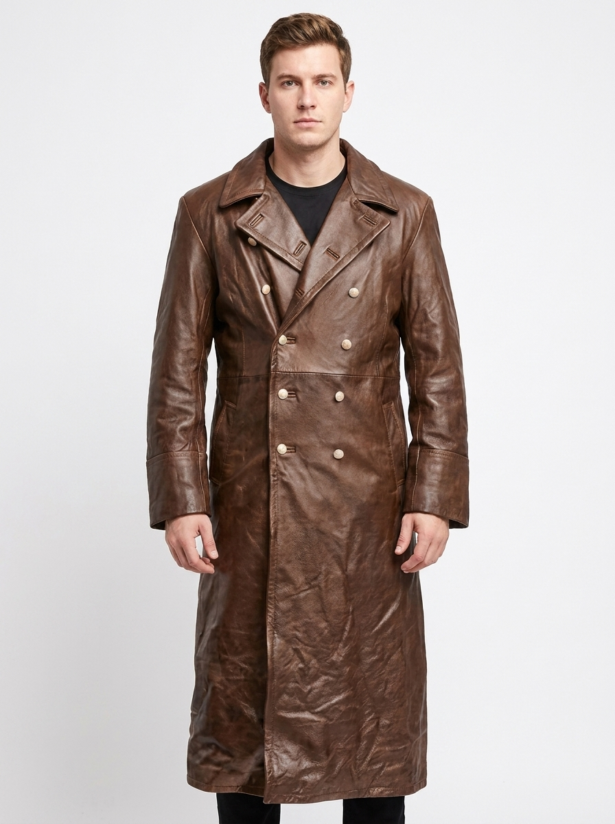 Men's Faux Leather Trench Winter Coat Double-Breasted Full-Length Overcoat