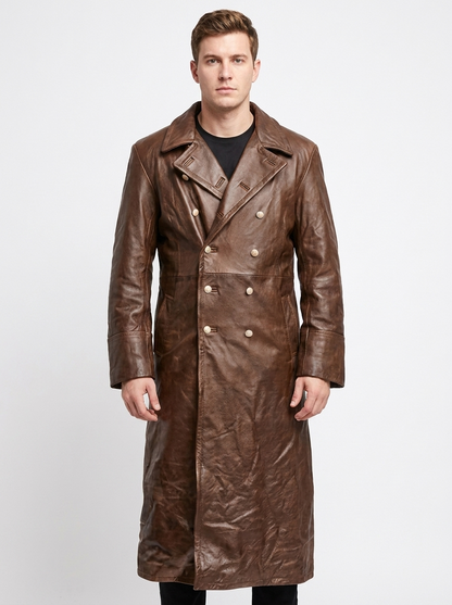 Men's Faux Leather Trench Winter Coat Double-Breasted Full-Length Overcoat