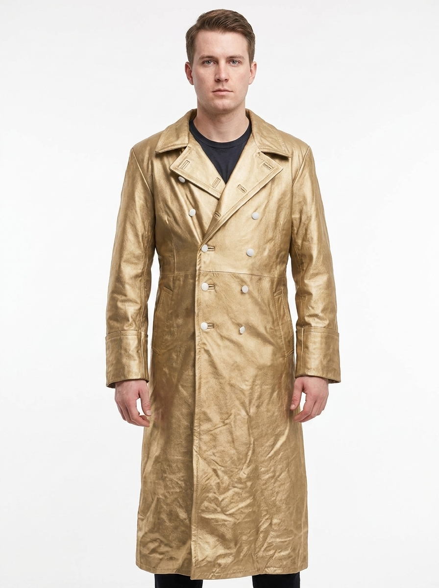 Men's Faux Leather Trench Winter Coat Double-Breasted Full-Length Overcoat