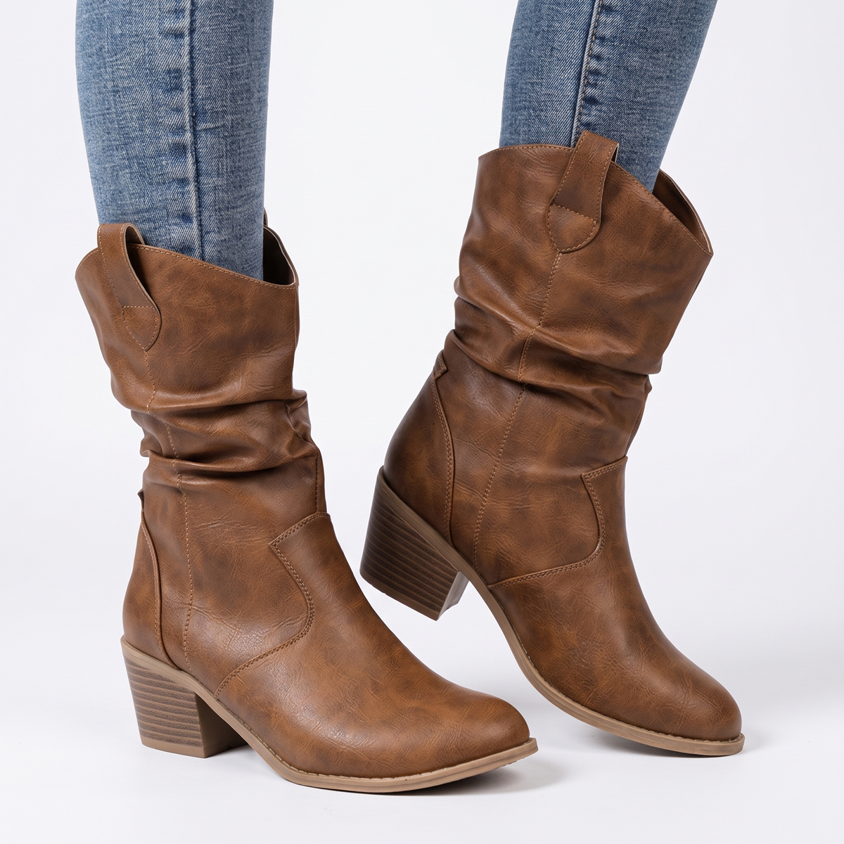 Women's Slouchy Western Winter Boots Faux Leather Block Heel Mid Calf