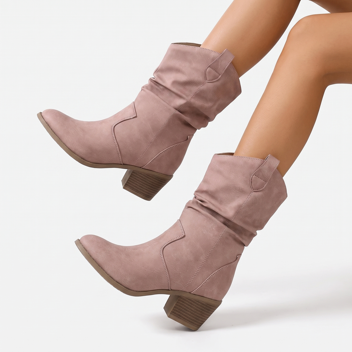 Women's Slouchy Western Winter Boots Faux Leather Block Heel Mid Calf