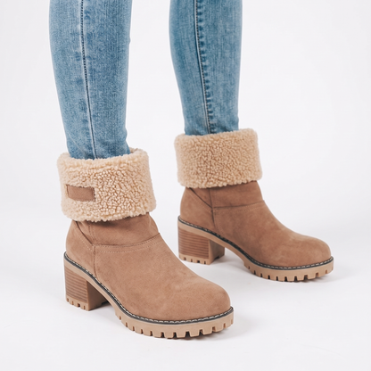 Women's Fur Cuff Ankle Boots Suede Block Heel Winter Booties