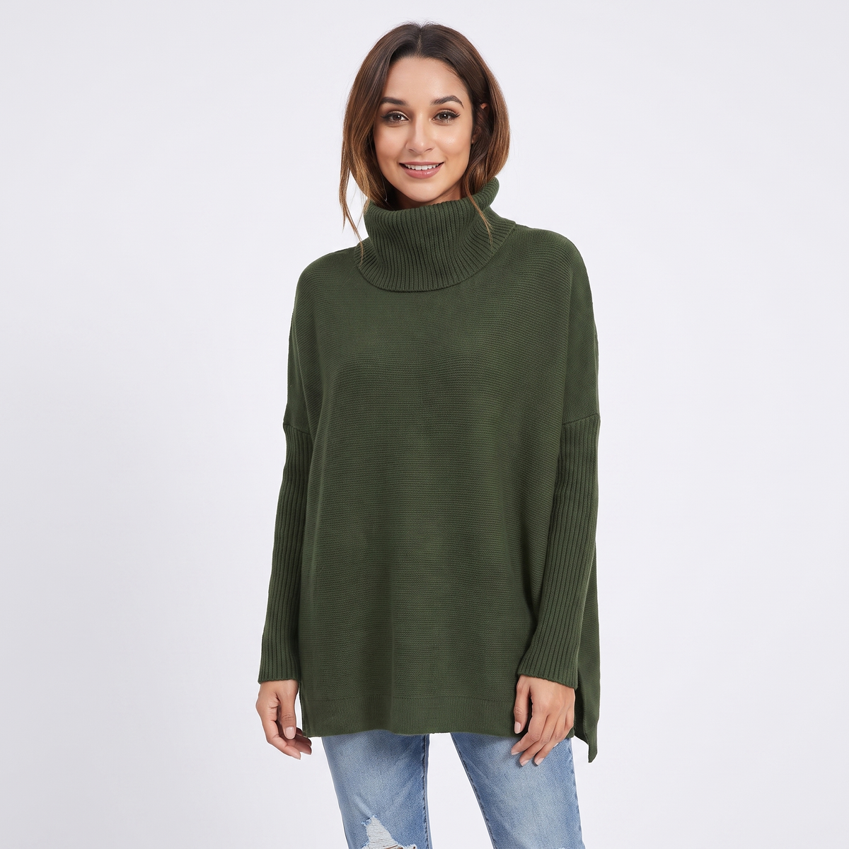 Women's Oversized Turtleneck Winter Sweater Long-Sleeve Side Slit Tunic