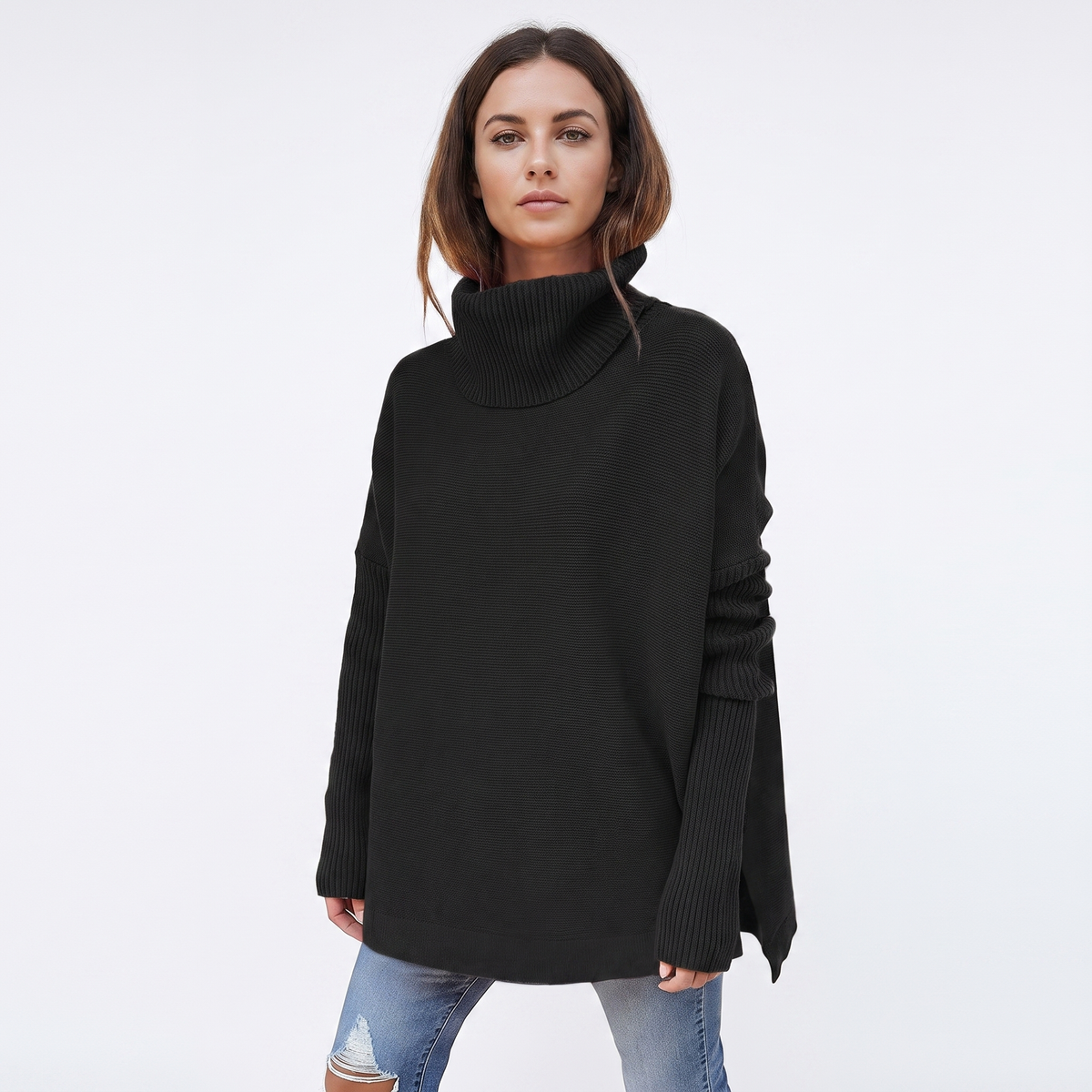 Women's Oversized Turtleneck Winter Sweater Long-Sleeve Side Slit Tunic