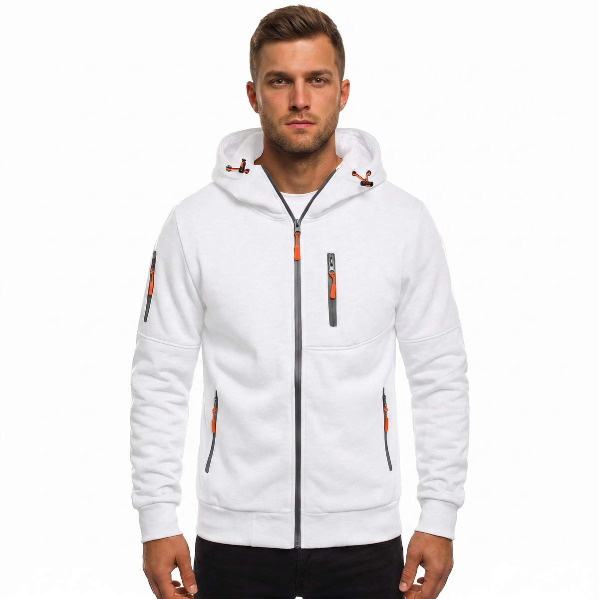Men's Zip-Up Hoodie Multi Pocket Fleece Athletic Sweatshirt Autumn Jacket