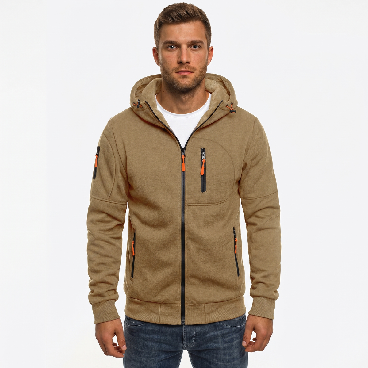 Men's Zip-Up Hoodie Multi Pocket Fleece Athletic Sweatshirt Autumn Jacket