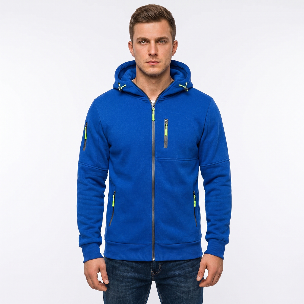 Men's Zip-Up Hoodie Multi Pocket Fleece Athletic Sweatshirt Autumn Jacket