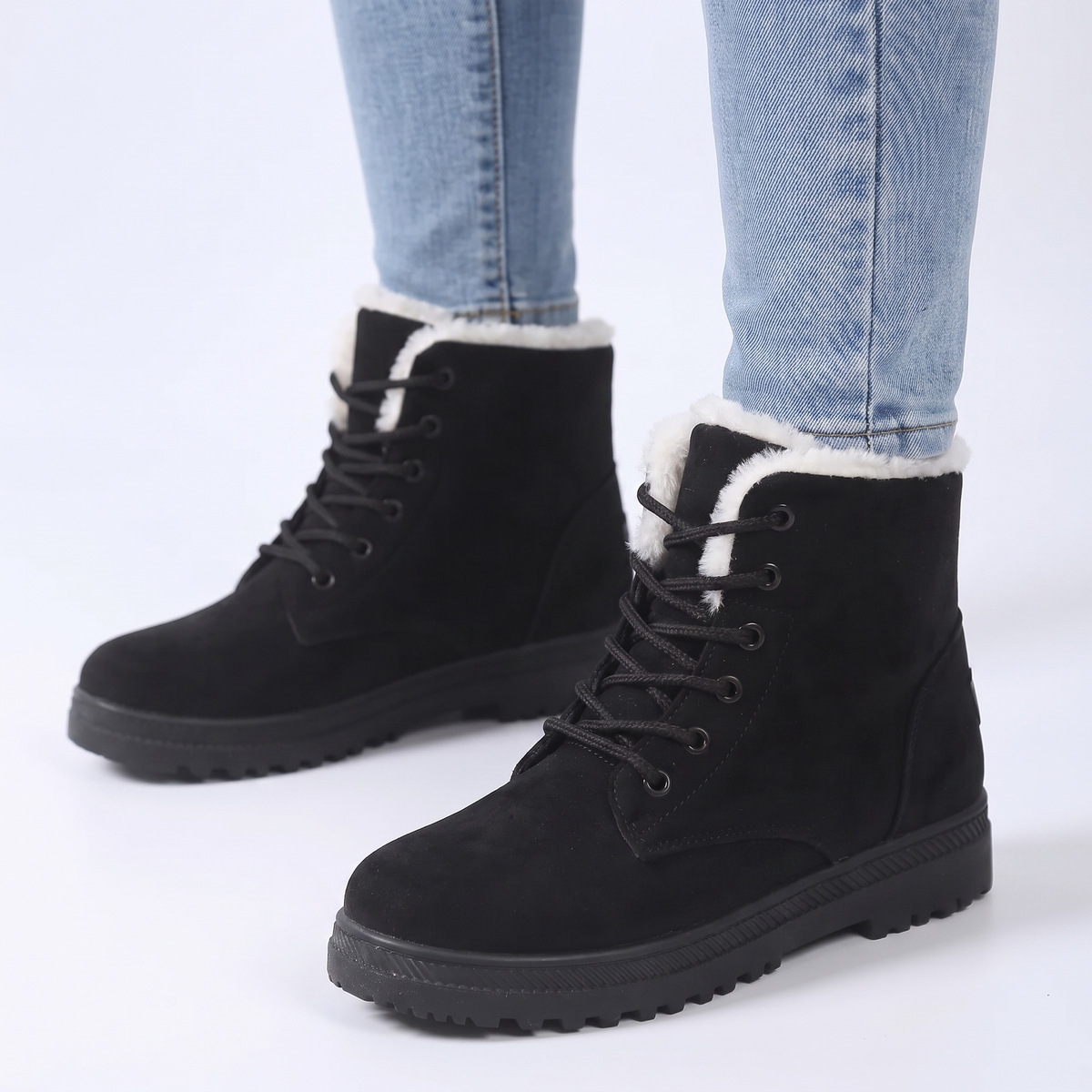 Women's Fur Lined Snow Lace-Up Suede Ankle Winter Boots