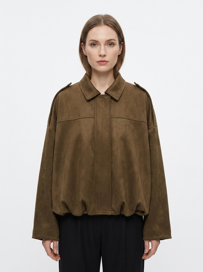 Women's Oversized Bomber Jacket Balloon Sleeve Cropped Zip-Up
