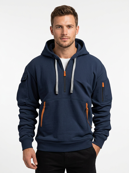 Men's Utility Winter Hoodie Quarter-Zip Multi-Pocket Fleece Pullover