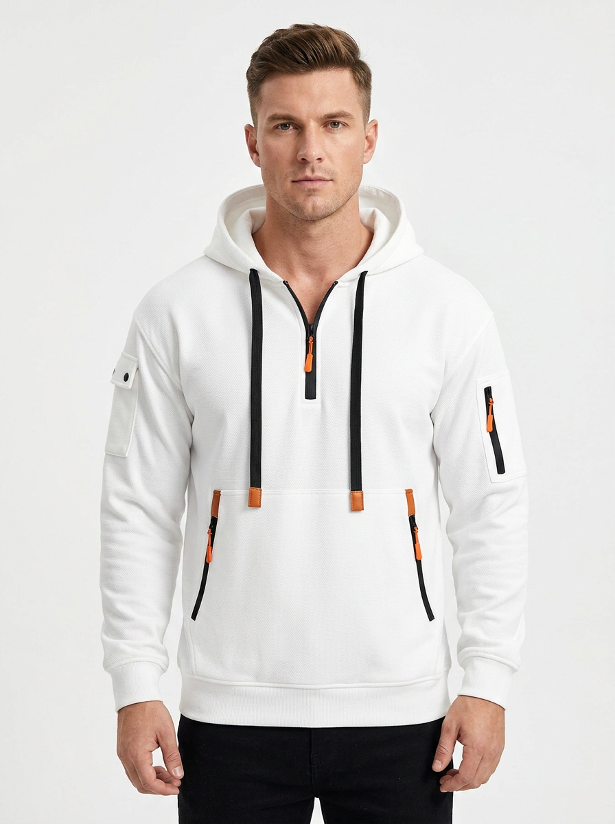 Men's Utility Winter Hoodie Quarter-Zip Multi-Pocket Fleece Pullover