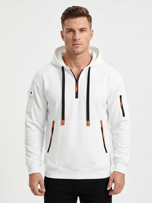 Men's Utility Winter Hoodie Quarter-Zip Multi-Pocket Fleece Pullover