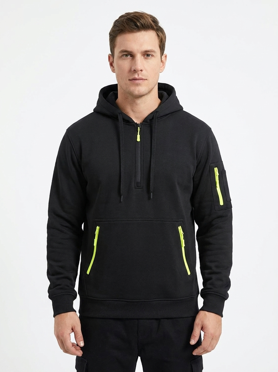 Men's Utility Winter Hoodie Quarter-Zip Multi-Pocket Fleece Pullover