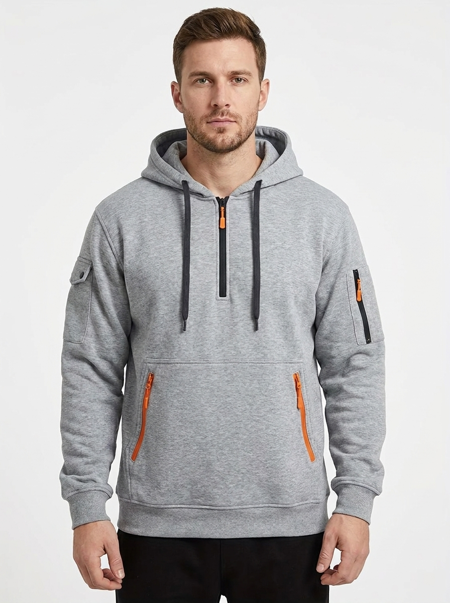 Men's Utility Winter Hoodie Quarter-Zip Multi-Pocket Fleece Pullover