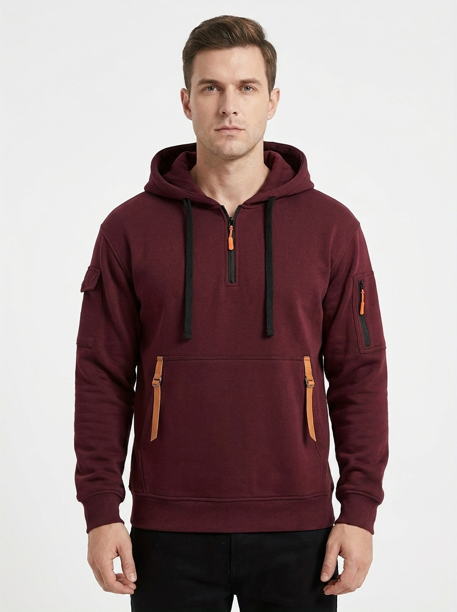 Men's Utility Winter Hoodie Quarter-Zip Multi-Pocket Fleece Pullover