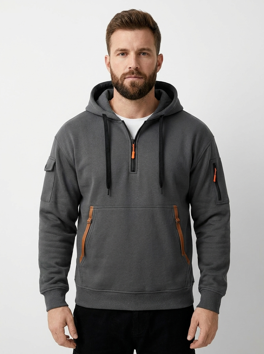 Men's Utility Winter Hoodie Quarter-Zip Multi-Pocket Fleece Pullover