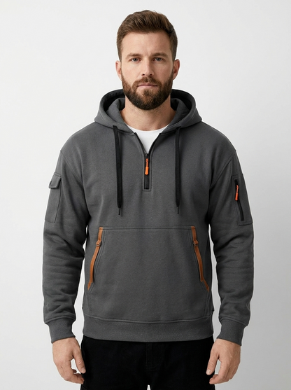 Men's Utility Winter Hoodie Quarter-Zip Multi-Pocket Fleece Pullover