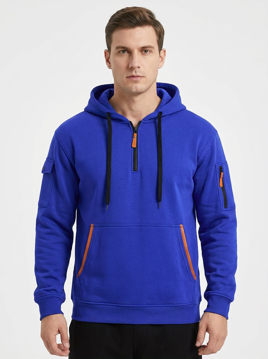 Men's Utility Winter Hoodie Quarter-Zip Multi-Pocket Fleece Pullover
