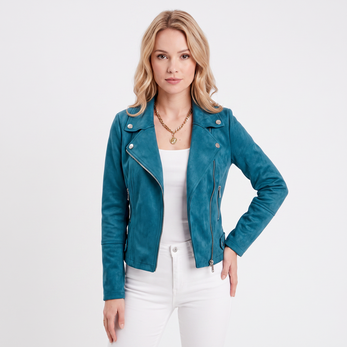 Women's Suede Moto Cropped Asymmetric Zip Biker Display Title: Elara Jacket