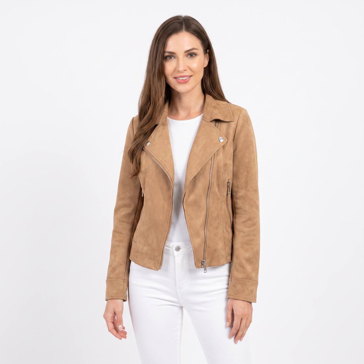 Women's Suede Moto Cropped Asymmetric Zip Biker Display Title: Elara Jacket