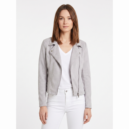 Women's Suede Moto Cropped Asymmetric Zip Biker Display Title: Elara Jacket