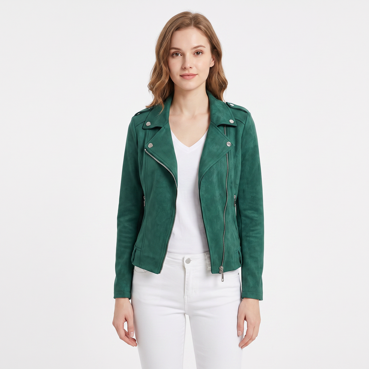 Women's Suede Moto Cropped Asymmetric Zip Biker Display Title: Elara Jacket