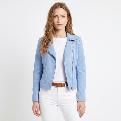 Women's Suede Moto Cropped Asymmetric Zip Biker Display Title: Elara Jacket