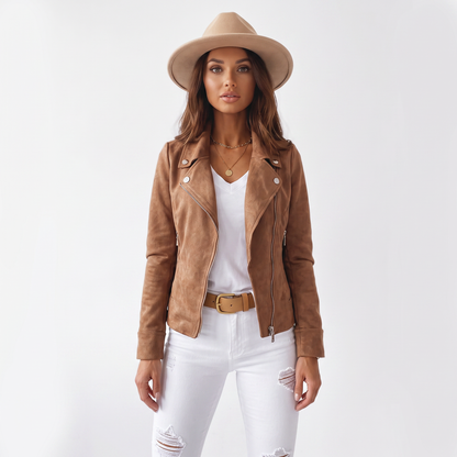 Women's Suede Moto Cropped Asymmetric Zip Biker Display Title: Elara Jacket