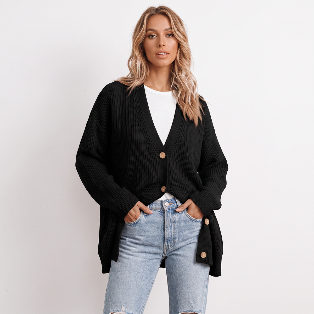 Women's Oversized Cardigan Ribbed Knit Button Front Winter Sweater