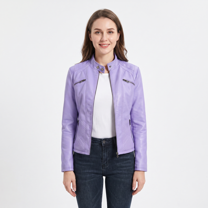 Women's Faux Leather Moto Jacket Zip-Up Stand Collar Biker Jacket