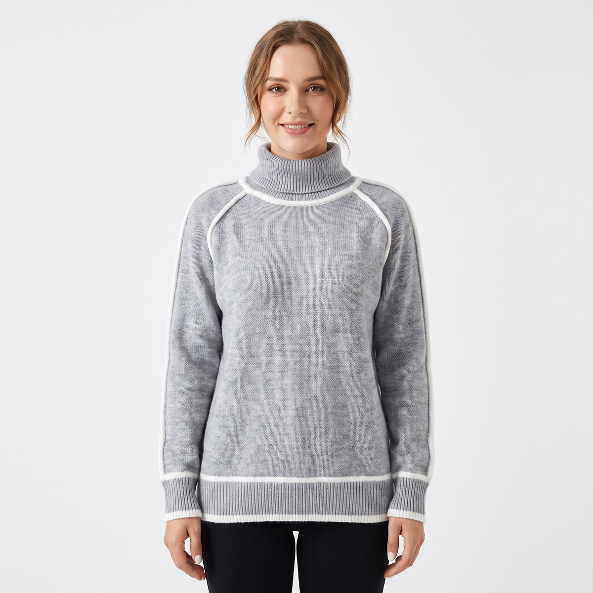 Women's Turtleneck Winter Sweater Contrast Trim Raglan Sleeve Pullover