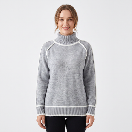 Women's Turtleneck Winter Sweater Contrast Trim Raglan Sleeve Pullover