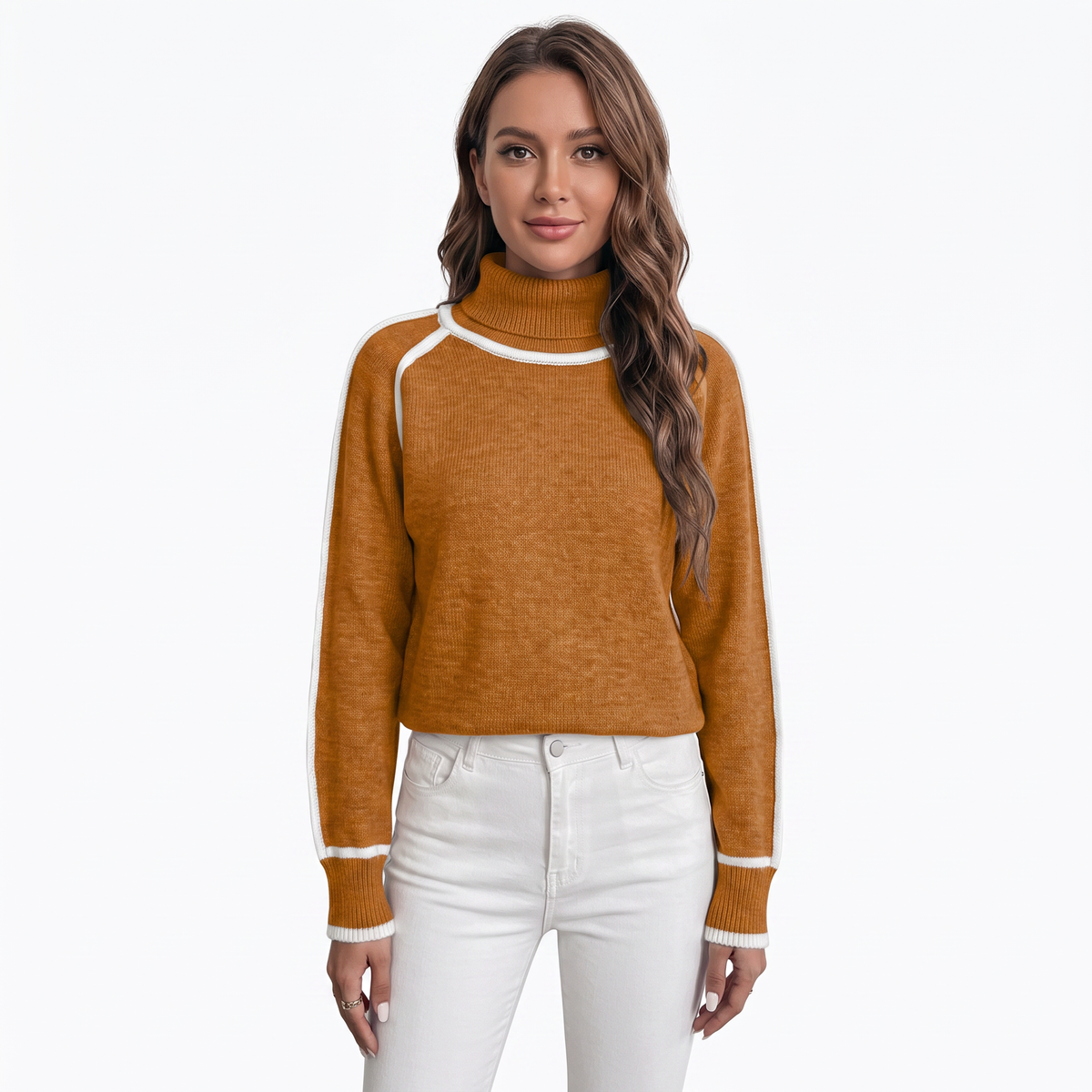 Women's Turtleneck Winter Sweater Contrast Trim Raglan Sleeve Pullover