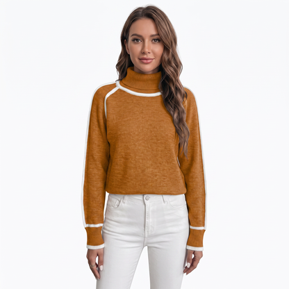 Women's Turtleneck Winter Sweater Contrast Trim Raglan Sleeve Pullover