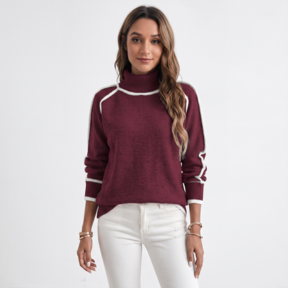 Women's Turtleneck Winter Sweater Contrast Trim Raglan Sleeve Pullover