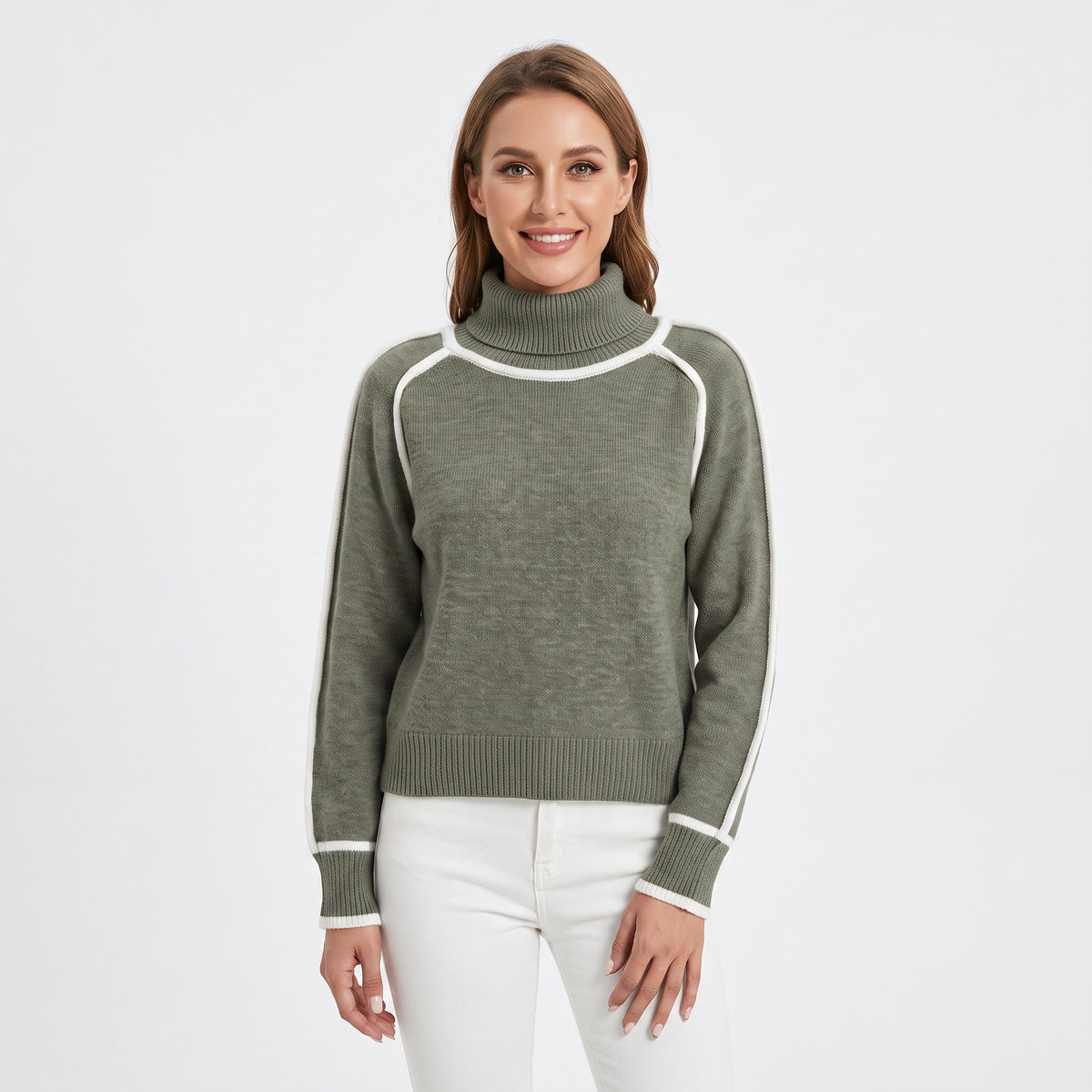 Women's Turtleneck Winter Sweater Contrast Trim Raglan Sleeve Pullover