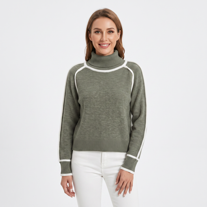 Women's Turtleneck Winter Sweater Contrast Trim Raglan Sleeve Pullover
