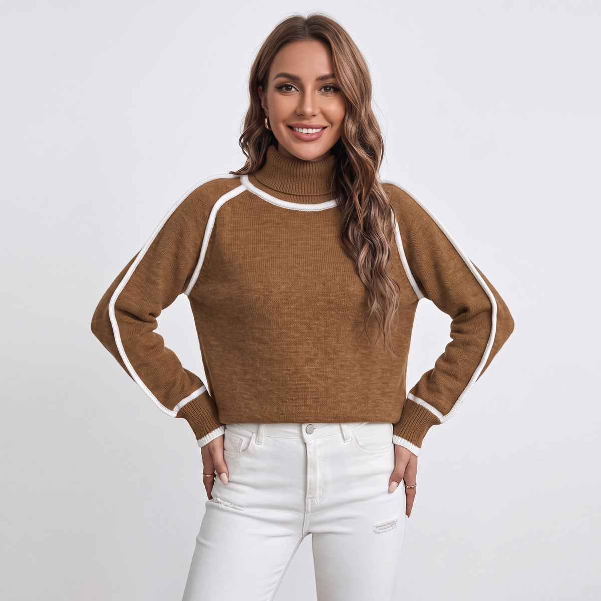 Women's Turtleneck Winter Sweater Contrast Trim Raglan Sleeve Pullover