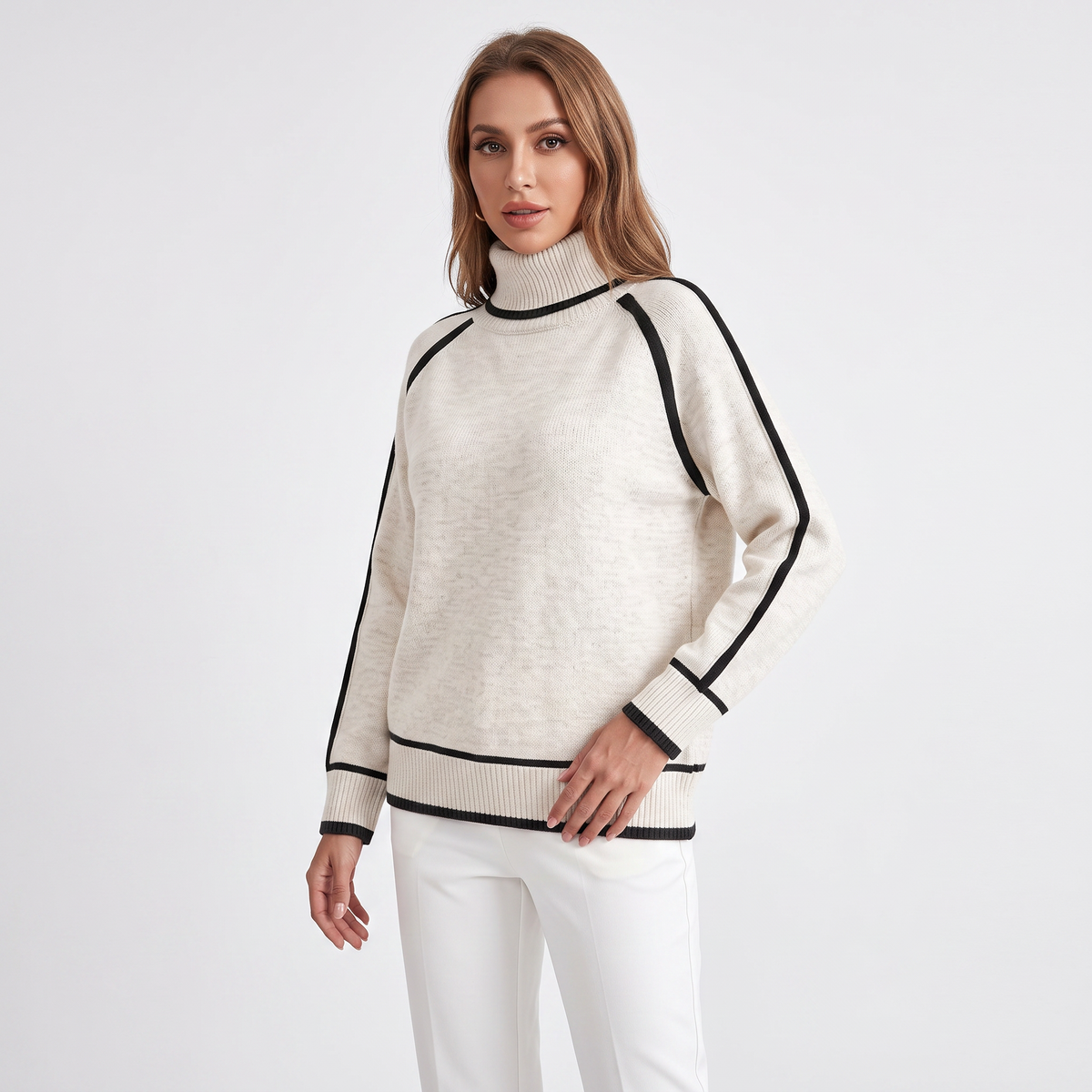 Women's Turtleneck Winter Sweater Contrast Trim Raglan Sleeve Pullover