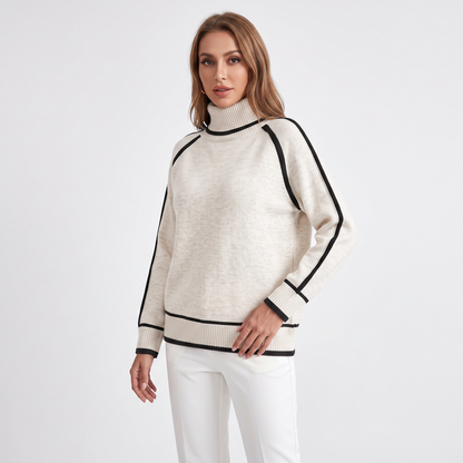 Women's Turtleneck Winter Sweater Contrast Trim Raglan Sleeve Pullover