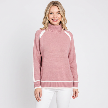 Women's Turtleneck Winter Sweater Contrast Trim Raglan Sleeve Pullover