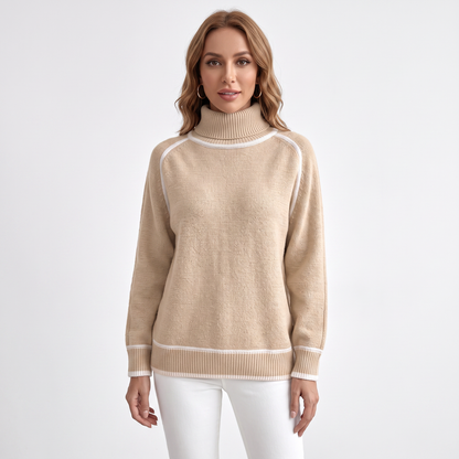 Women's Turtleneck Winter Sweater Contrast Trim Raglan Sleeve Pullover
