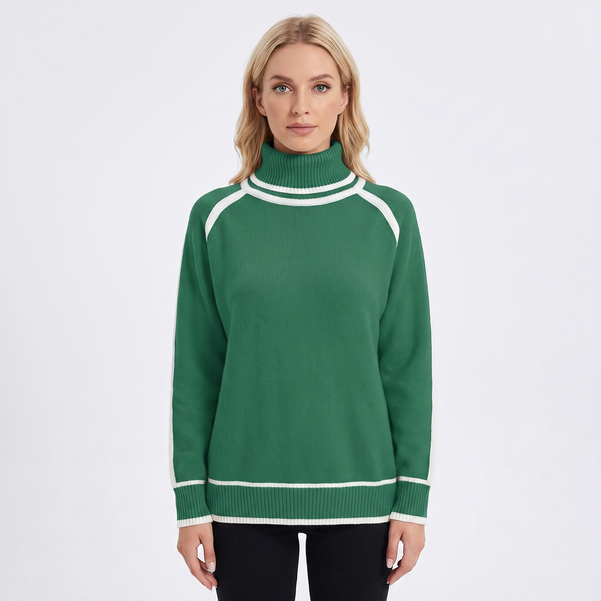Women's Turtleneck Winter Sweater Contrast Trim Raglan Sleeve Pullover