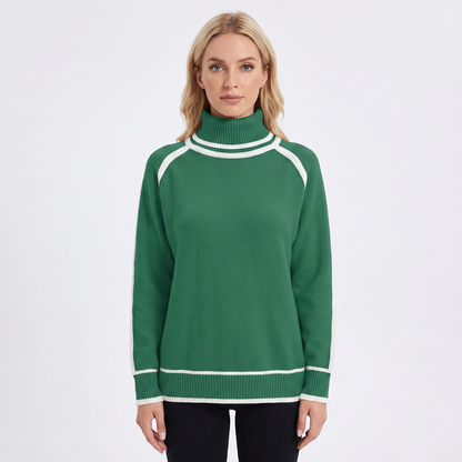 Women's Turtleneck Winter Sweater Contrast Trim Raglan Sleeve Pullover